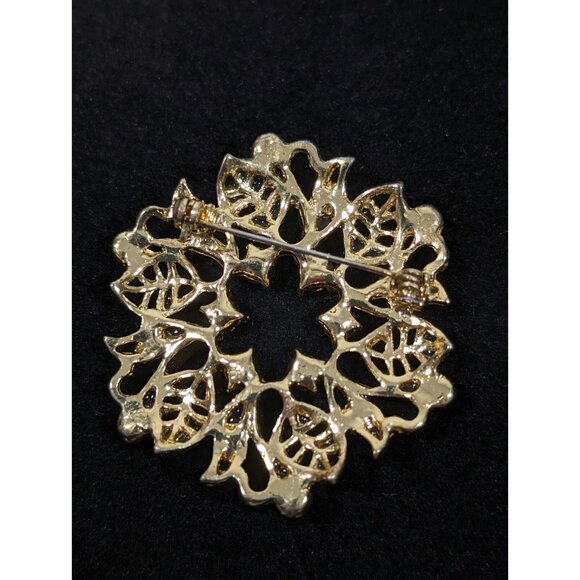 Vintage Gold Tone AB Aurora Borealis Crystal Leaf Wreath Brooch Pin - Picture 4 of 8